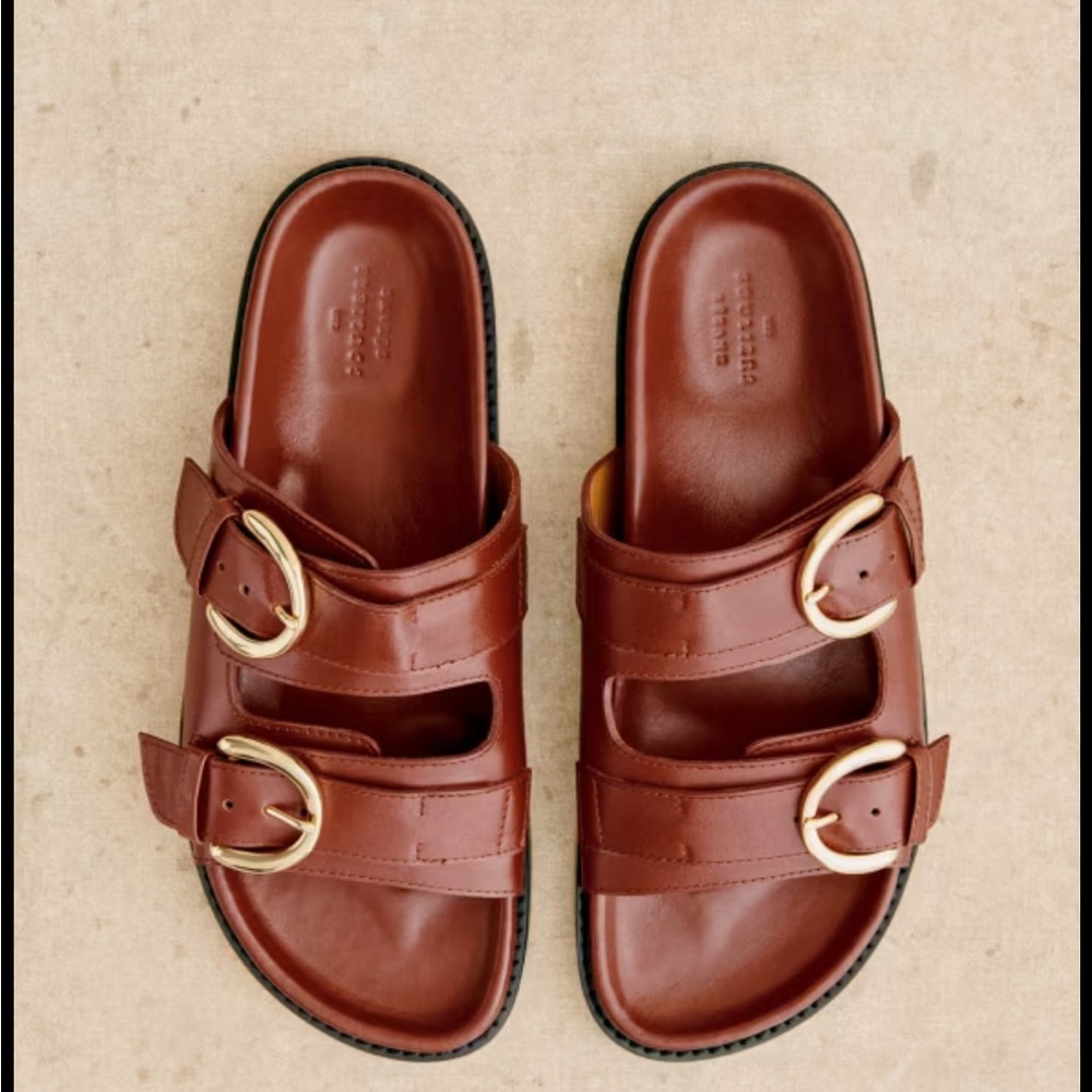 Sezane Brown Leather Sandals with Gold Buckles